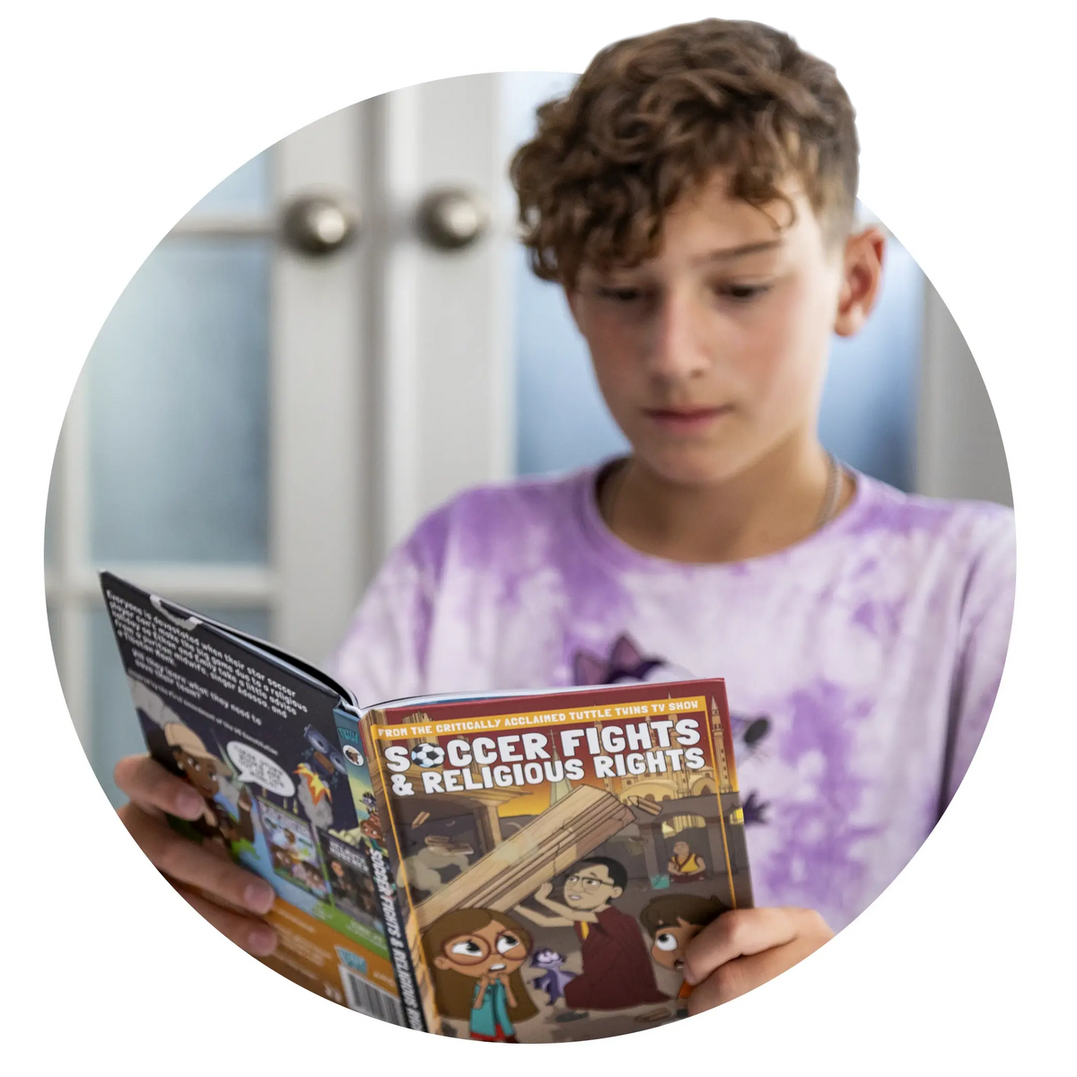 Child reading a book titled 'Soccer Fights & Religious Rights' in a casual setting.